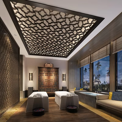 Luxury SPA Sauna Interior Design With Patterned Ceiling Massage Beds And Palm Trees 3d model