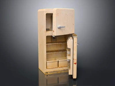 Vintage Cream Colored Refrigerator Freezer With Open Door And Interior Storage Shelves 3d model