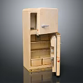 Vintage Cream Colored Refrigerator Freezer With Open Door And Interior Storage Shelves