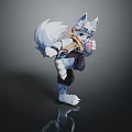 Game Movie Character With White Wolf Ears Tail Blue Eyes In Dynamic Combat Pose