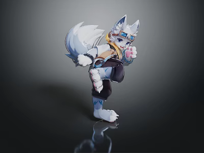 Game Movie Character With White Wolf Ears Tail Blue Eyes In Dynamic Combat Pose 3d model