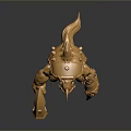 Golden Horned Fantasy Creature Character Holding Large Hammer With Sharp Claws And Metallic Texture