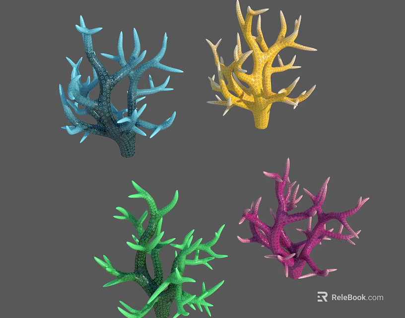 Colorful Coral Like Plants In Blue Yellow Green Purple Colors 3d model 