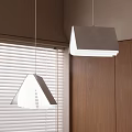 Modern Triangular and Square Pendant Lights in Room with Window Blinds and Wooden Cabinets