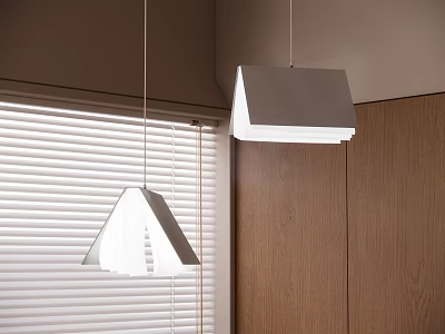 Modern Triangular and Square Pendant Lights in Room with Window Blinds and Wooden Cabinets 3d model