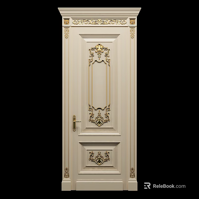 Elegant Ivory White Hinged Door With Intricate Golden Carvings And Trim 3d model 