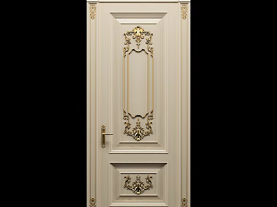 Elegant Ivory White Hinged Door With Intricate Golden Carvings And Trim 3d model