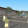 Scenic Clubhouse Featuring Modern Buildings Water Ponds Lush Palm Trees and Courtyard