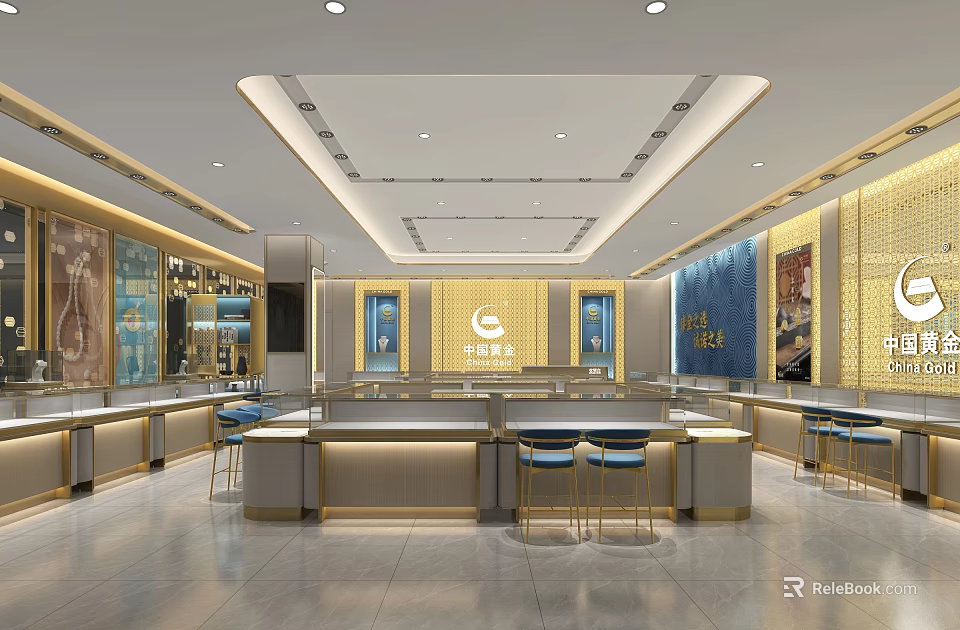 Elegant Jewelry Store Interior With Glass Display Cases Golden Accents And Bright Lighting 3d model 