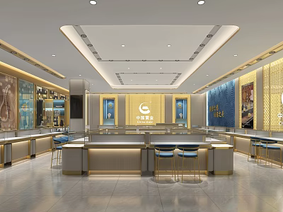 Elegant Jewelry Store Interior With Glass Display Cases Golden Accents And Bright Lighting 3d model
