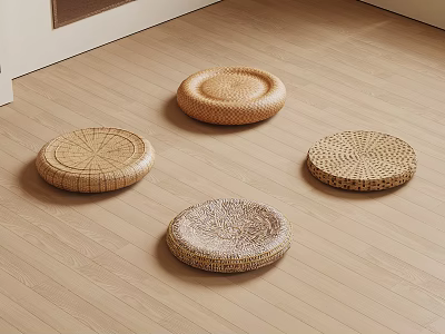 Four Natural Woven Rattan Cushions Arranged On Wooden Floor 3d model