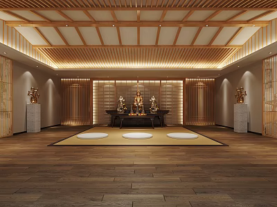 Sacred Buddhist Prayer Space With Golden Statues Wooden Ceiling And Meditation Mats 3d model