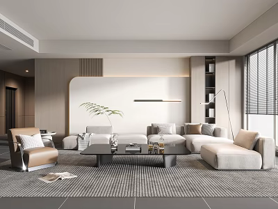 Modern Living Room Interior With Sectional Sofa Coffee Table Green Plant Bookshelf And Large Window 3d model