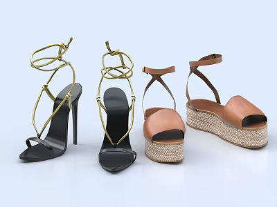 Women's Strappy High Heel And Brown Wedge Sandals With Black Gold Straps And Straw Soles 3d model