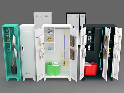 Multicolor Utility Storage Cabinets with Open Doors and Cleaning Supplies Inside 3d model