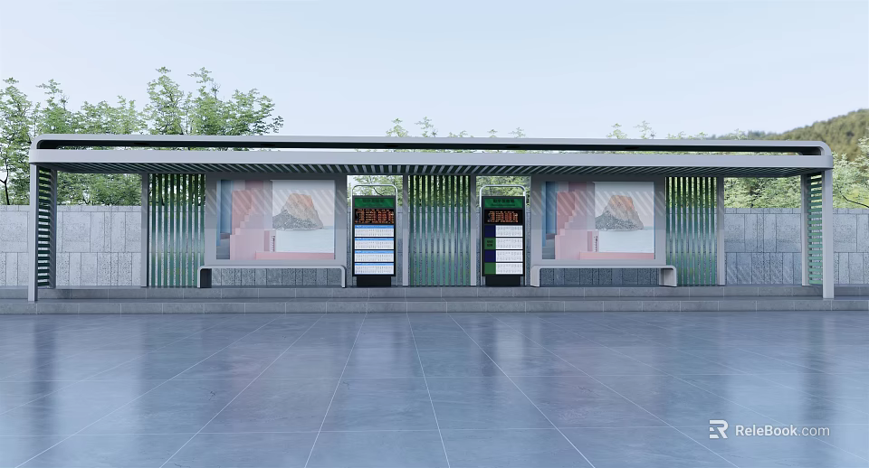 Modern Bus Stop With Glass Curtain Walls Seats And Electronic Screens 3d model 