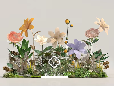 Floral Art Installation With Various Colored Flowers Green Leaves Pine Cones And Feathers 3d model