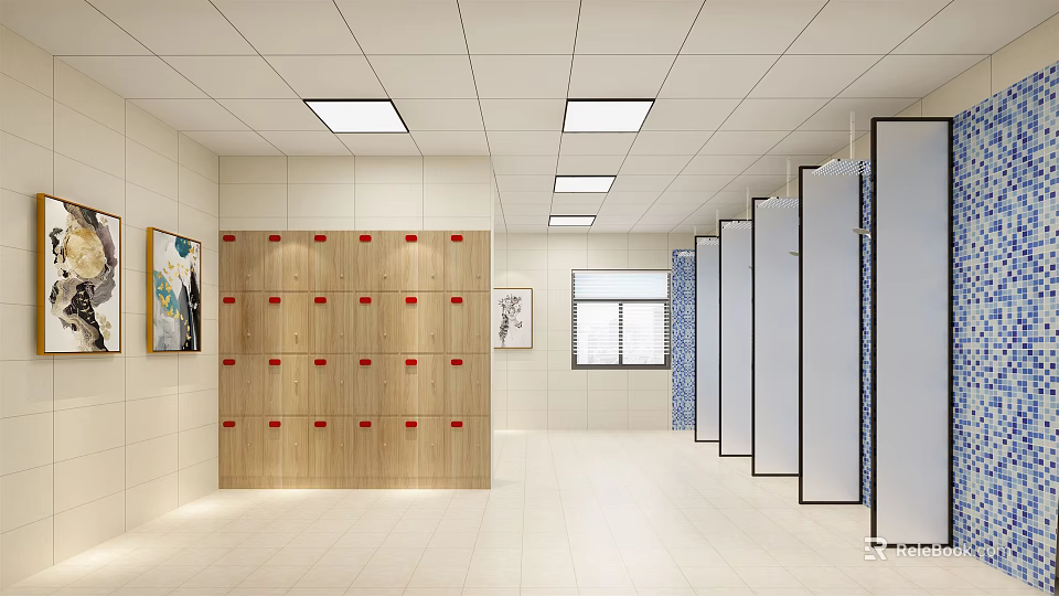 Modern SPA Sauna Changing Area Featuring Wooden Lockers Red Locks And Private Cubicles 3d model 