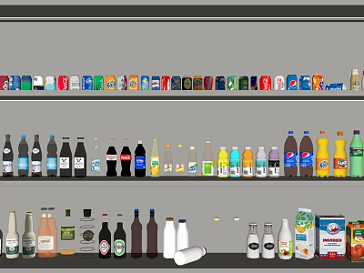 Variety of Drinks on Multiple Shelves with Different Bottles and Cartons 3d model