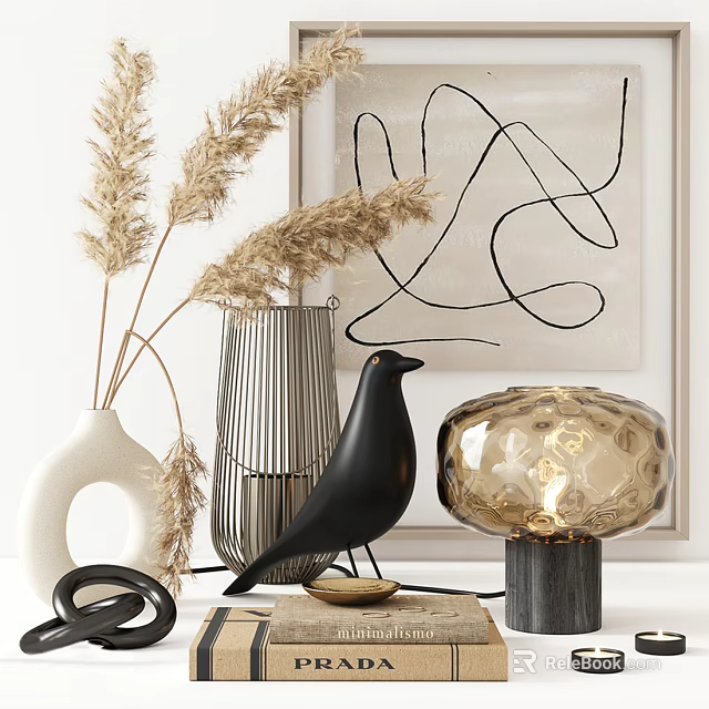 Stylish Decorative Ornament Set with Pampas Grass Vase Bird Figurine Glass Lamp and Abstract Painting 3d model 