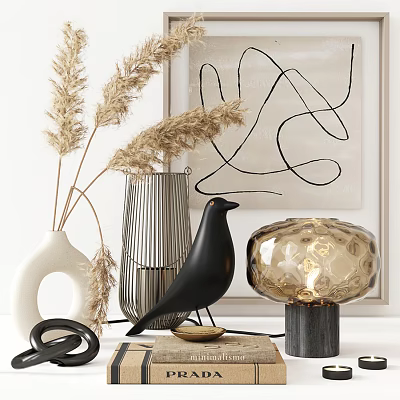 Stylish Decorative Ornament Set with Pampas Grass Vase Bird Figurine Glass Lamp and Abstract Painting 3d model