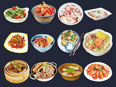 Colorful Assorted Food Pendants with Various Dishes Vegetables Meat and Seafood 3d model