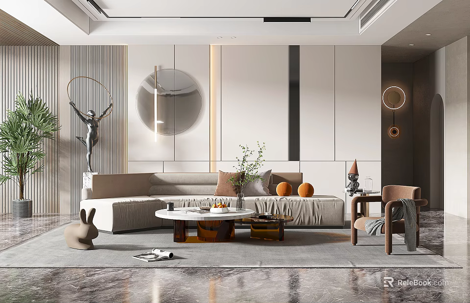 Modern Living Room Interior With Comfortable Sofa Coffee Table Decorative Mirrors And Green Plants 3d model 