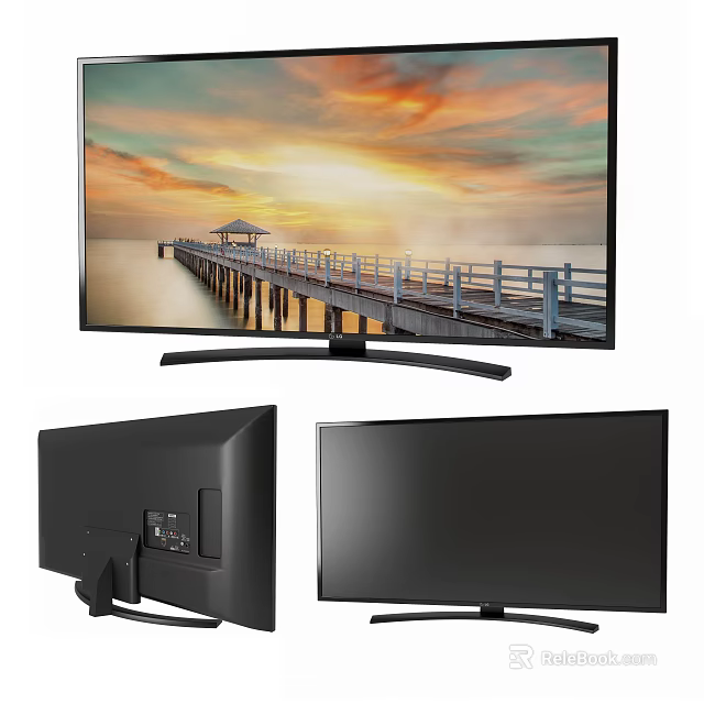Curved TV with Sleek Black Design Showing Scenic Sunset Pier View Front and Side Angles 3d model 