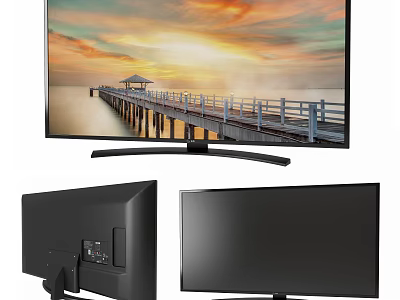 Curved TV with Sleek Black Design Showing Scenic Sunset Pier View Front and Side Angles 3d model