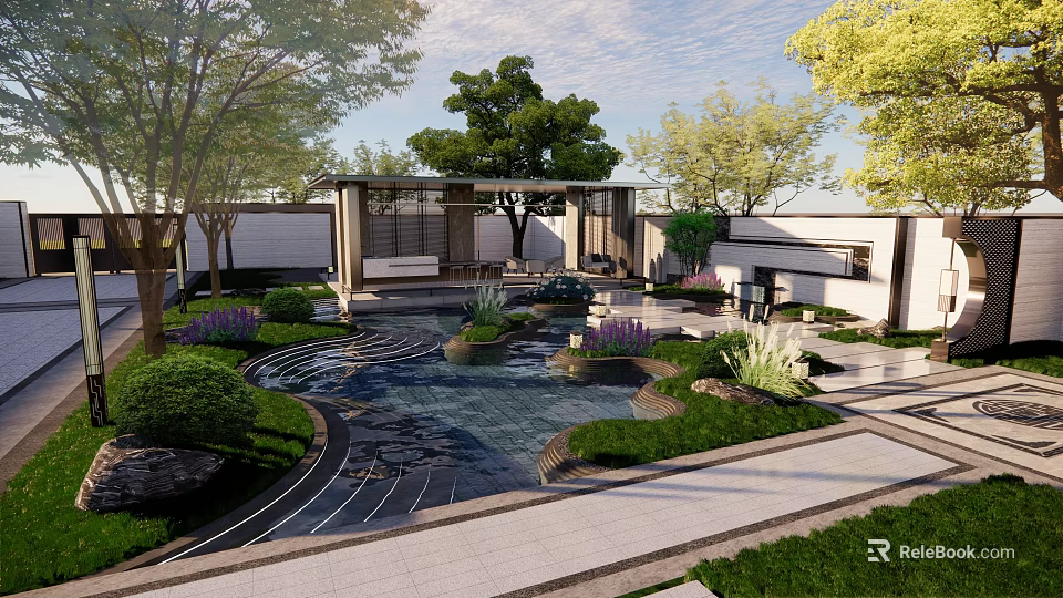 Traditional Chinese Garden Landscape With Water Pond Rocks Green Plants And Stone Pathway 3d model 