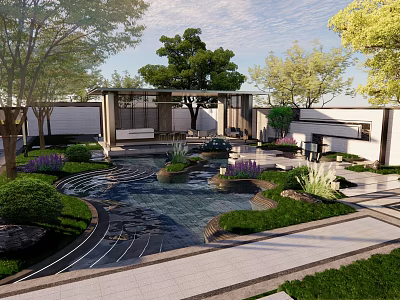 Traditional Chinese Garden Landscape With Water Pond Rocks Green Plants And Stone Pathway 3d model