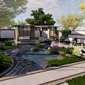 Traditional Chinese Garden Landscape With Water Pond Rocks Green Plants And Stone Pathway