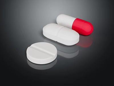 White Round And Oval Pills With Red White Capsule On Dark Reflective Surface 3d model