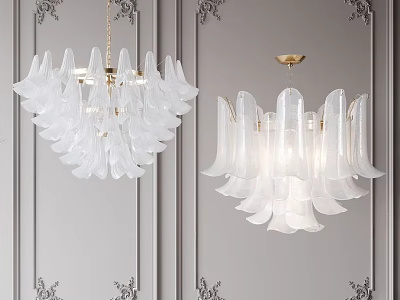 Elegant White Glass Petal Chandeliers With Gold Metal Accents On Gray Wall 3d model