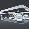 GAC FCA Exhibition Booth With Circular Display Areas White Car Screens And Colorful Lights