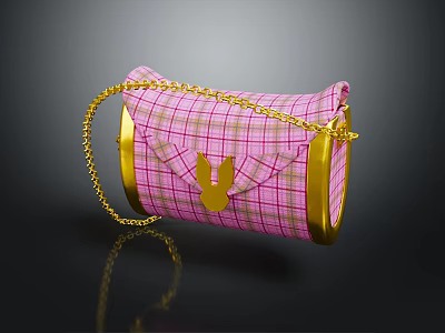 Stylish Pink Plaid Handbag With Gold Chain Rabbit Logo And Trim 3d model