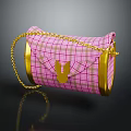Stylish Pink Plaid Handbag With Gold Chain Rabbit Logo And Trim