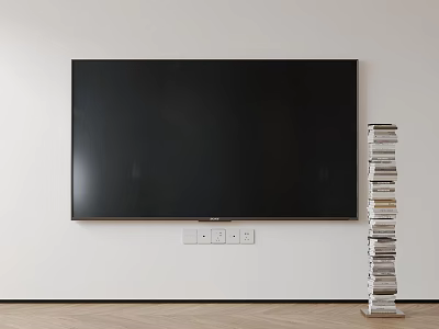 Large Flat Screen TV on White Wall with Stacked Books in Modern Room 3d model