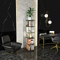 Elegant Modern Bookcase With Gold Frame And Green Plant On Marble Wall Background
