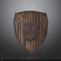 Rustic Wooden Shield With Red Central Emblem And Black Decorative Patterns