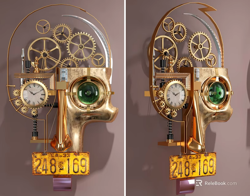 Unique Mechanical Head Sculpture Wall Decoration with Gears Clock Green Glass Eye and Numeric Panel 3d model