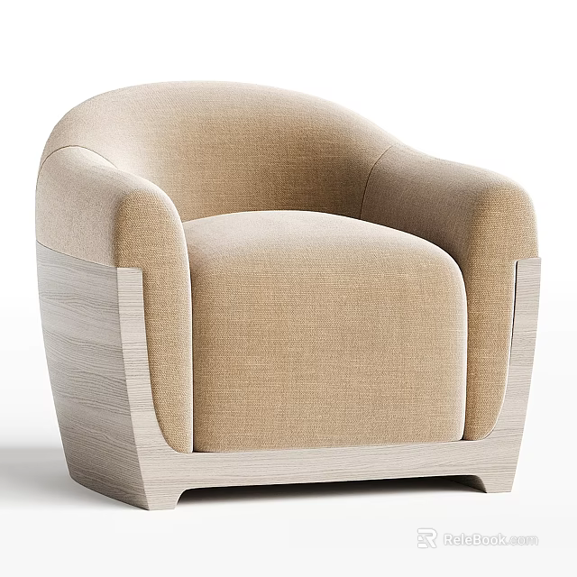 Modern Beige Fabric Single Sofa With Rounded Arms And Wooden Base 3d model