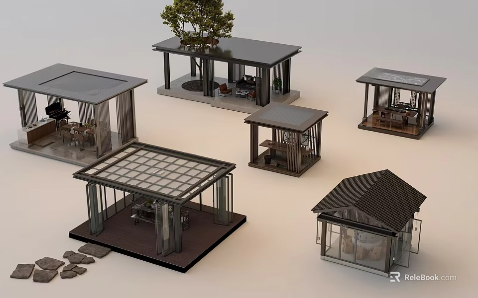 Modern Garden Landscape Design With Various Pavilions Glass Roofs Wooden Structures And Trees 3d model 