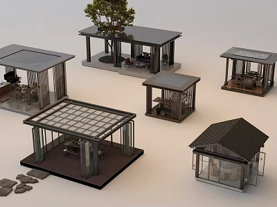 Modern Garden Landscape Design With Various Pavilions Glass Roofs Wooden Structures And Trees 3d model
