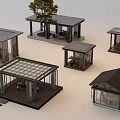 Modern Garden Landscape Design With Various Pavilions Glass Roofs Wooden Structures And Trees