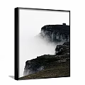 Misty Cliff Landscape Painting With Rocky Terrain And Mountain Top Building