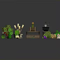 Pixel Art Scene Components Featuring Green Plants Tables Boxes And Decorative Elements
