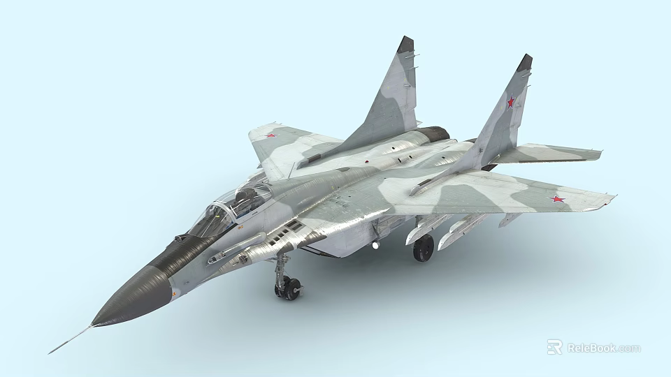 Military Fighter Jet With Camouflage Paint Red Star Insignia Extended Landing Gear And External Design 3d model 