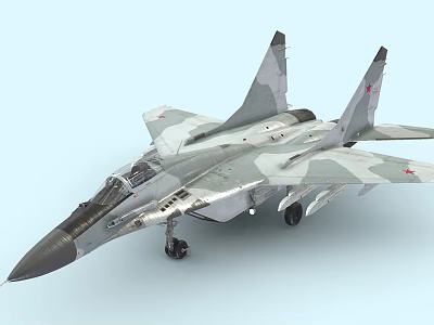 Military Fighter Jet With Camouflage Paint Red Star Insignia Extended Landing Gear And External Design 3d model