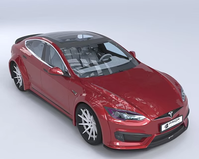 Red Tesla Sporty Car With Panoramic Sunroof Black Wheels And Sleek Body Design 3d model